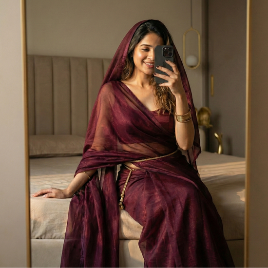 Mystic Plum After Dark Saree close-up – plum star georgette that brushes skin with rich intimate allure