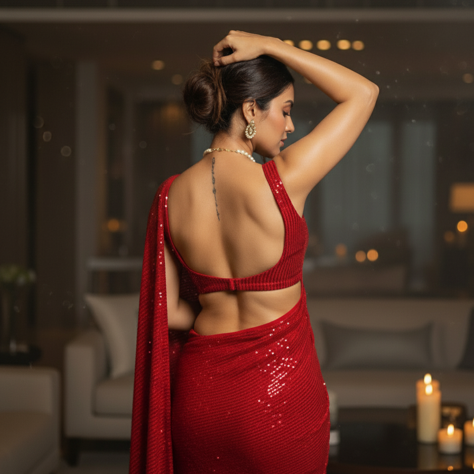 Woman in a red saree adjusting her hair in a dimly lit room.