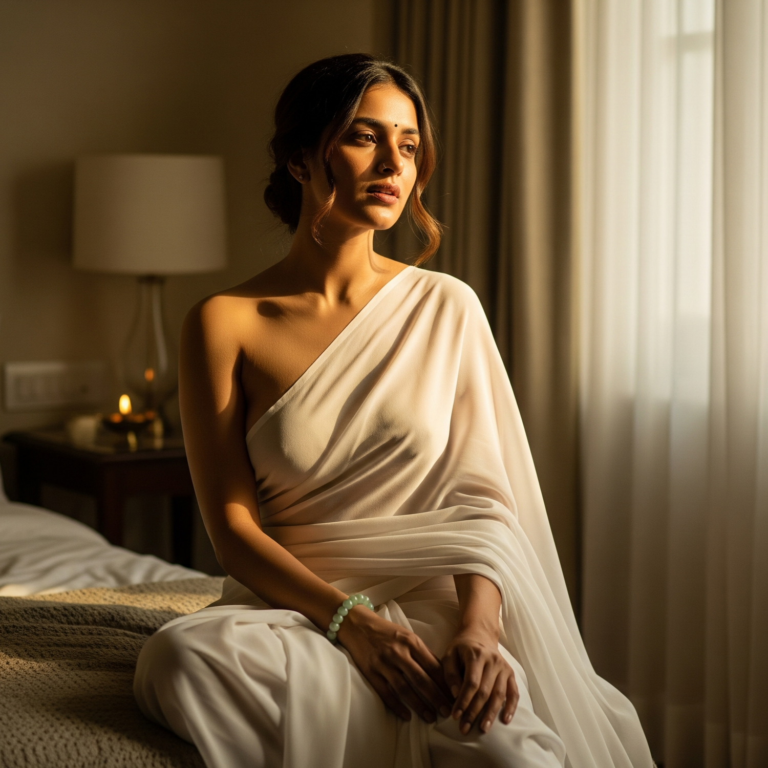 Woman in a white saree sitting in a softly lit room.