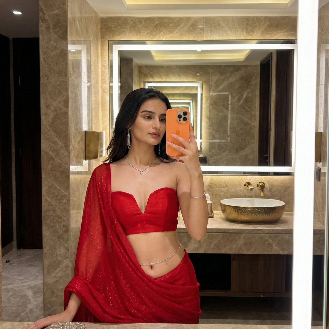 Starlace Flame saree drape – scarlet red georgette by Authority of Fashion, movement into pure spectacle