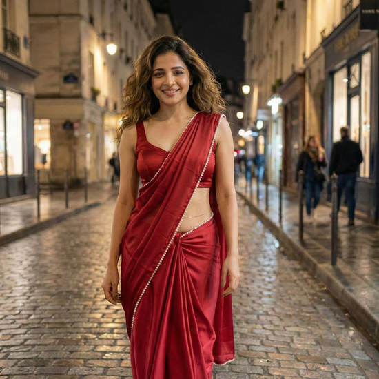 Buy Pearl Crimson After Dark Saree online – crimson red saree with pearls for premium romantic gifting