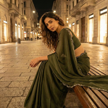 Verdant Grace After Dark Saree lifestyle – deep green royal crepe for sunlit streets to candlelit evenings