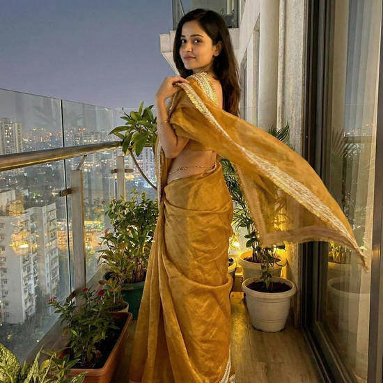 Golden Hour Shimmer saree full look – champagne gold shimmer chiffon that moves like liquid light