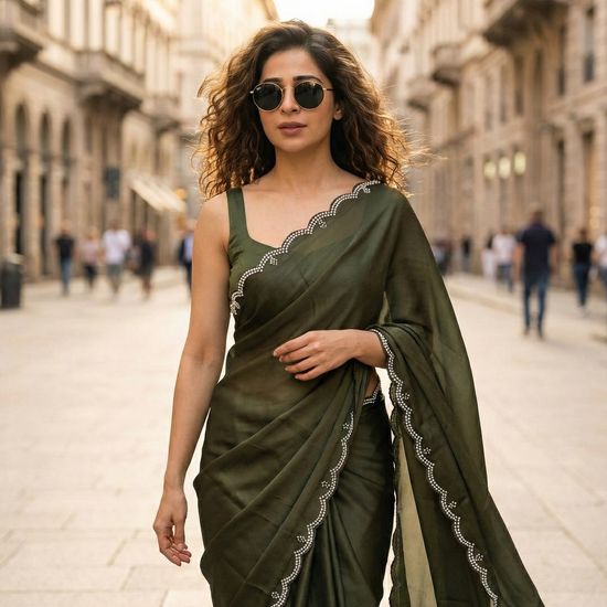Verdant Grace After Dark Saree by Authority of Fashion – deep green royal crepe for luxury evenings
