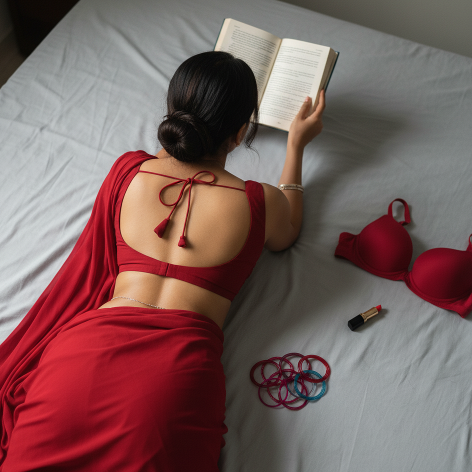 Woman in red saree reading a book on a bed with red bra and hair ties nearby