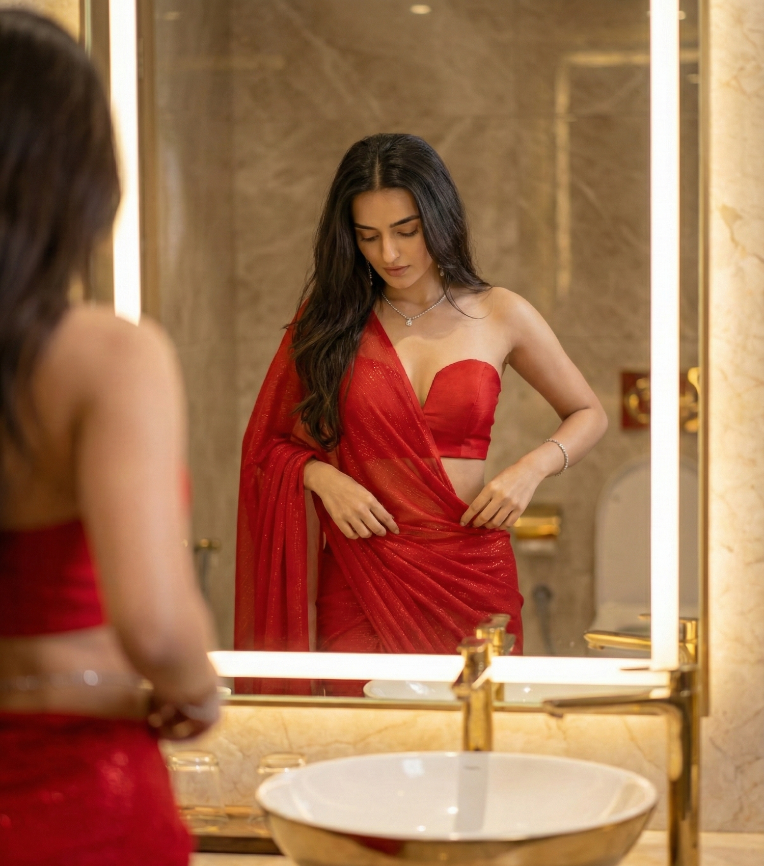 Starlace Flame red saree full look – scarlet star georgette that catches light like scattered sparks