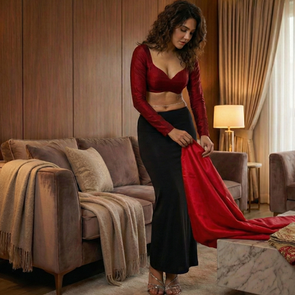 Woman in a red top and black pants standing in a living room.