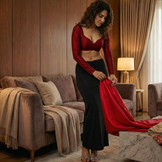 Woman in a red top and black pants standing in a living room.