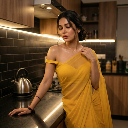 Imperia Serenity After Dark Saree by Authority of Fashion – yellow georgette saree for bold evenings