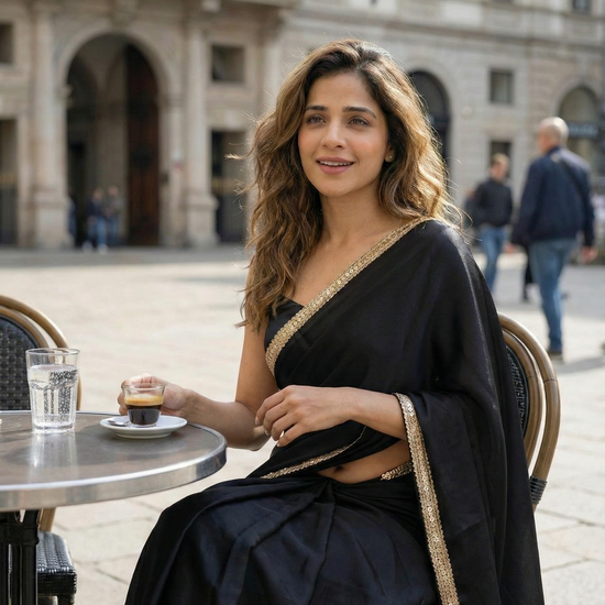 Obsidian Veil After Dark Saree close-up – black crepe with gold border catching light in every fold