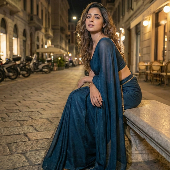 Moonlit Teal saree drape – weightless teal georgette by Authority of Fashion for intimate dinners