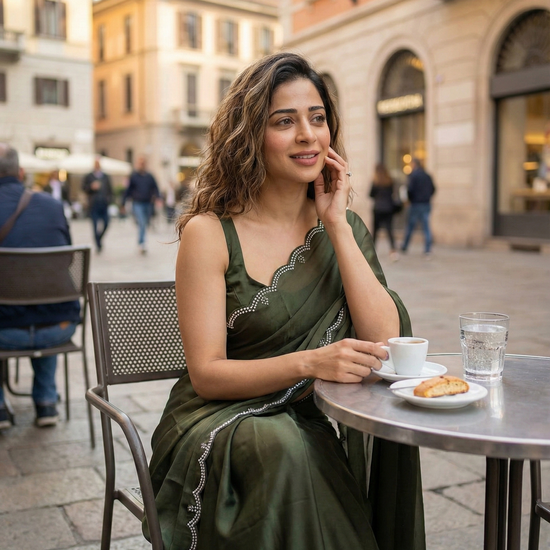 Buy Verdant Grace After Dark Saree online – premium deep green royal crepe saree at ₹2095