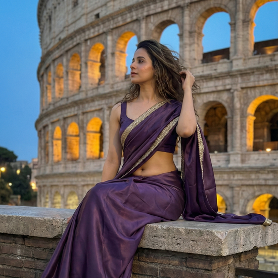 Lilac Drift saree full look – soft lilac royal crepe that drapes close, catching light with gentle movement