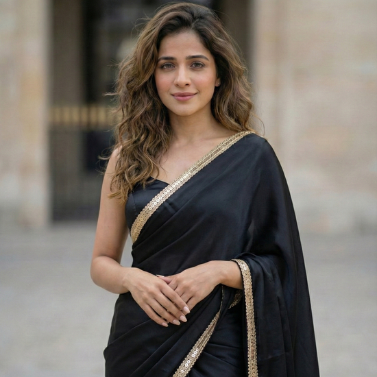 Buy Obsidian Veil After Dark Saree online – black gold border royal crepe for festive intimate evenings