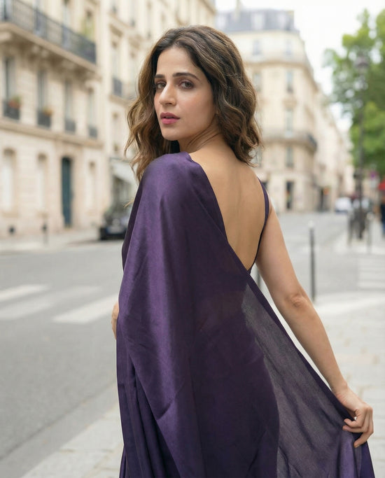 Twilight Dusk saree full look – deep dusk royal crepe that melts over your silhouette with sculpted fall