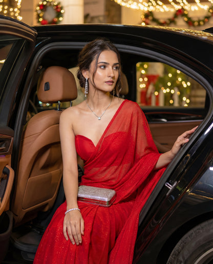 Starlace Flame After Dark Saree close-up – deep scarlet fabric with light catching star georgette texture