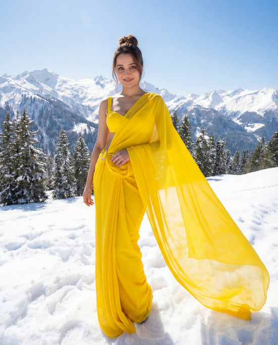 Amber Breath Chiffon Saree in soft yellow – fluid drape for evenings you want to feel luminous
