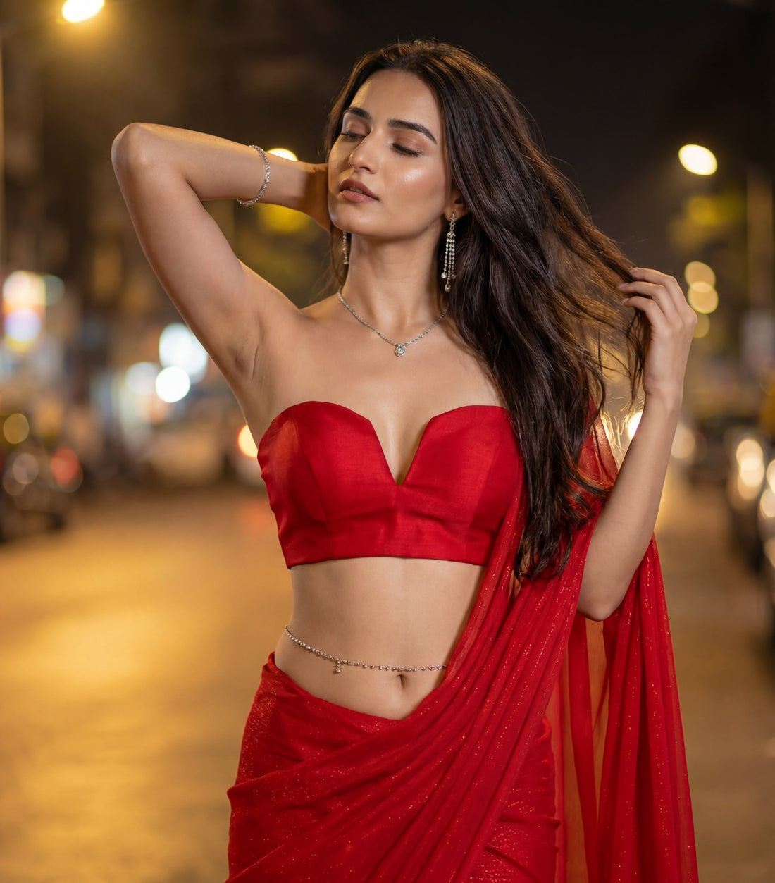 Starlace Flame After Dark Saree by Authority of Fashion – deep red scarlet star georgette saree