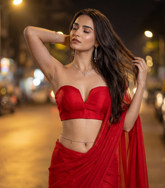 Starlace Flame After Dark Saree by Authority of Fashion – deep red scarlet star georgette saree