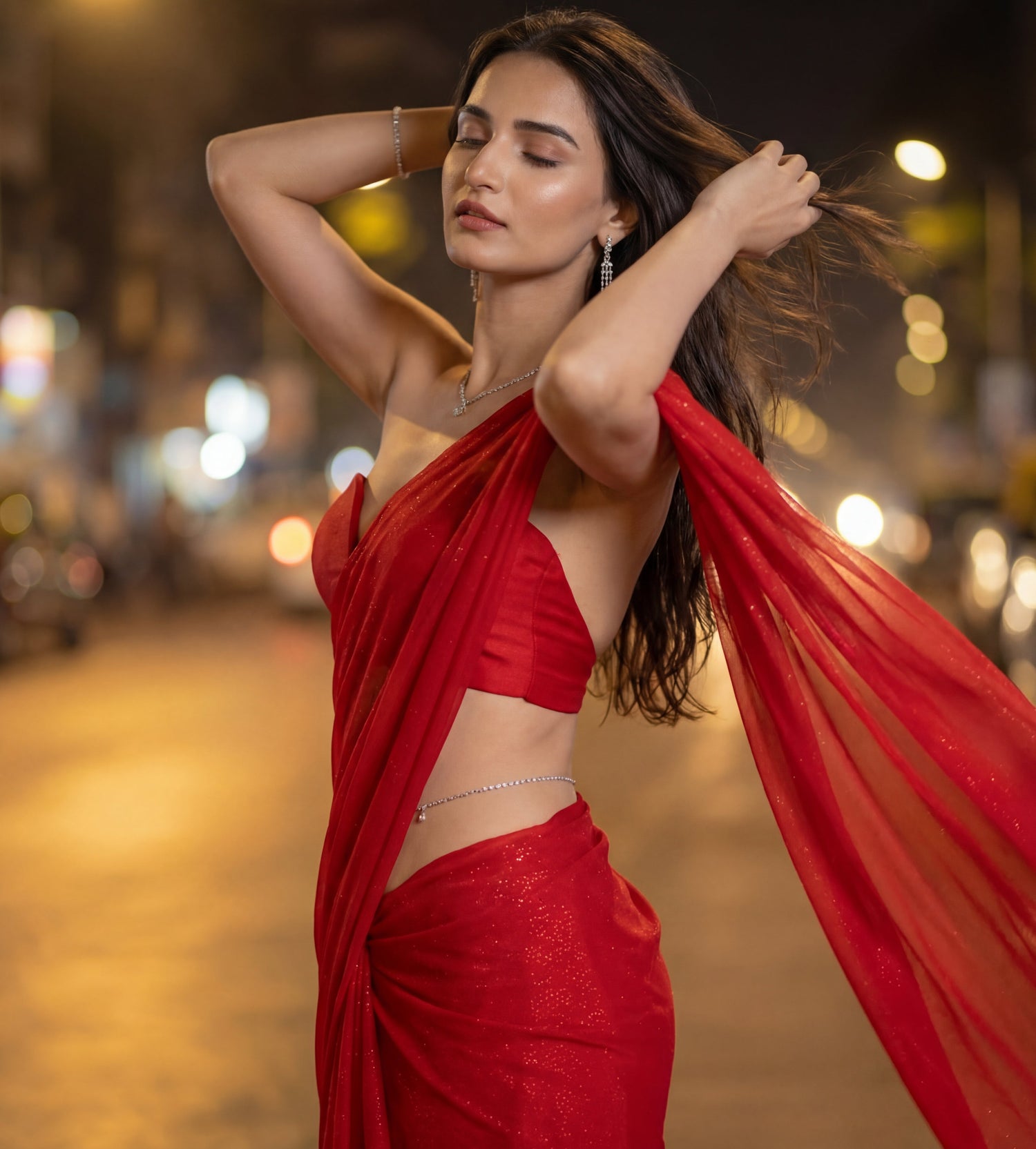 Buy Starlace Flame After Dark Saree online – deep red star georgette with shimmer woven in, not stitched on