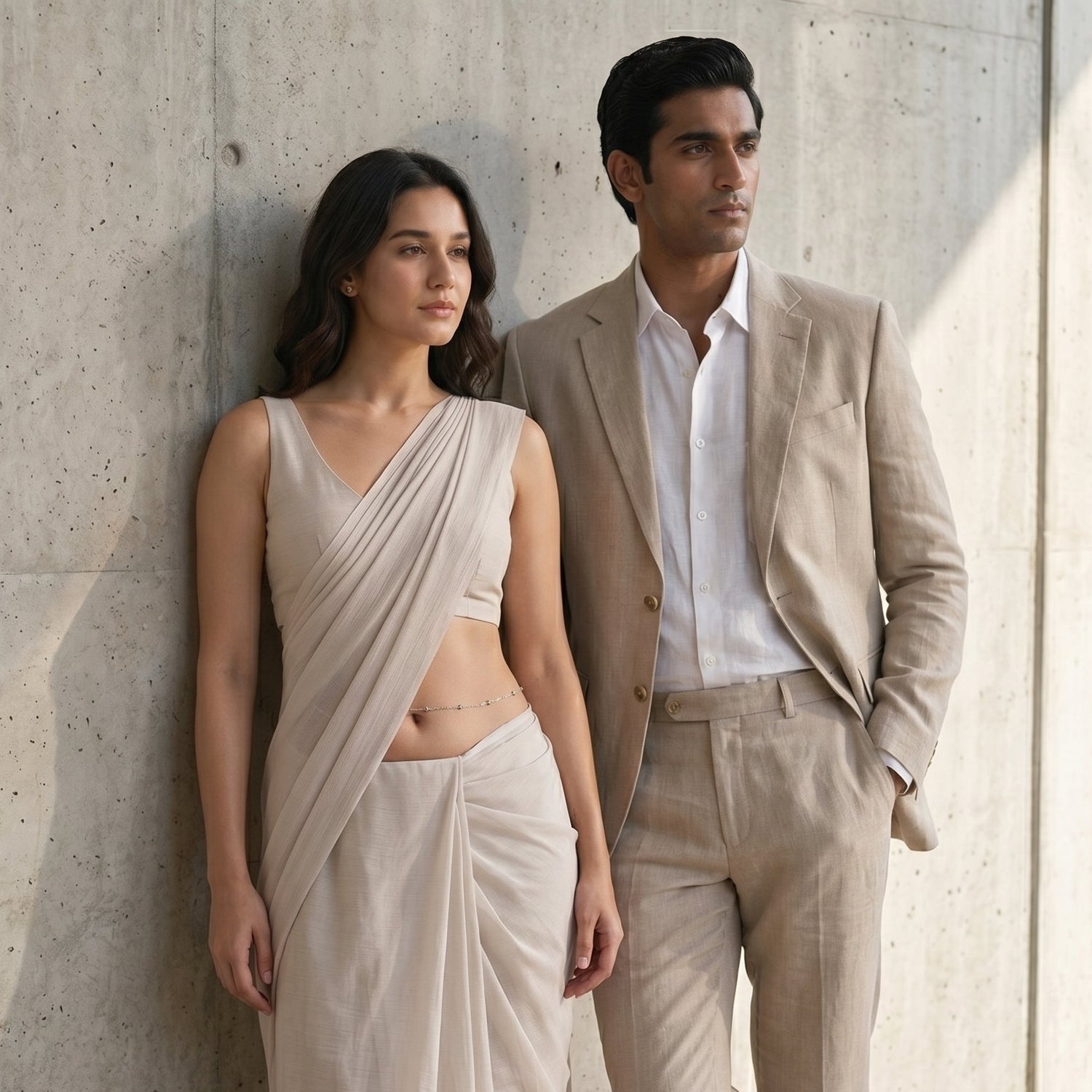 Man and woman in matching beige outfits standing against a concrete wall with Zara branding.