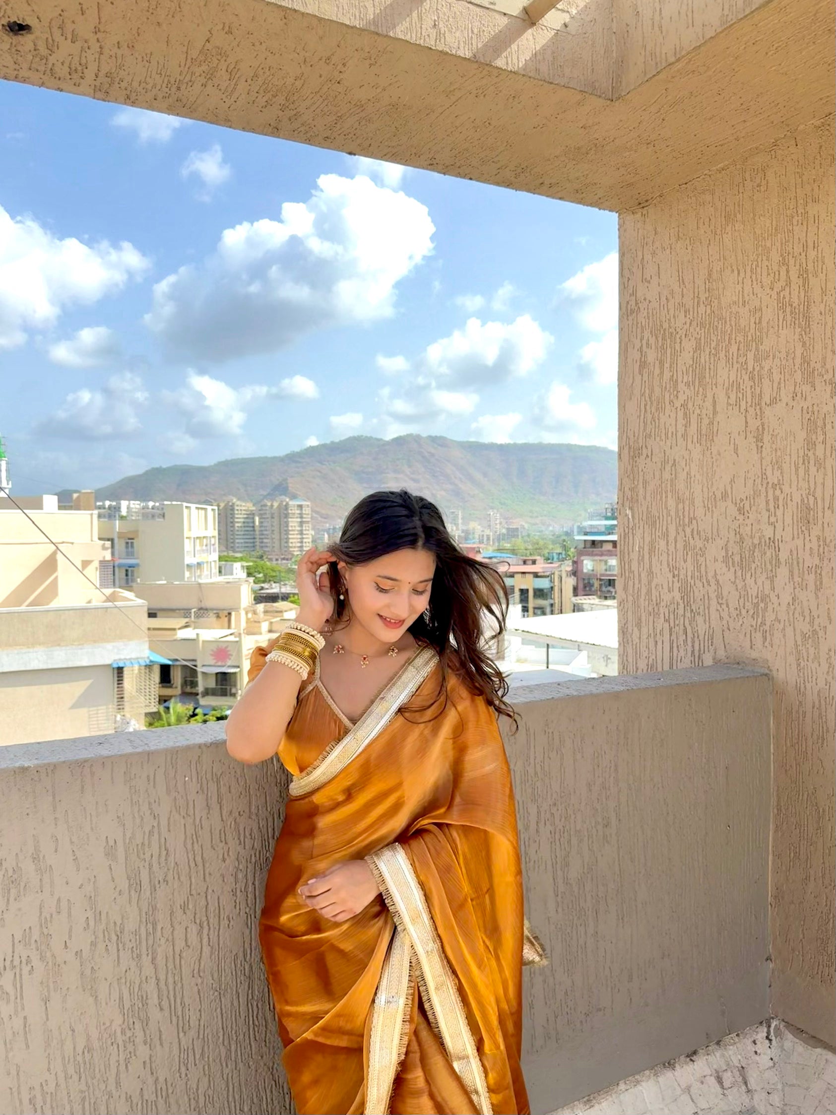 Golden Hour Shimmer Chiffon Saree