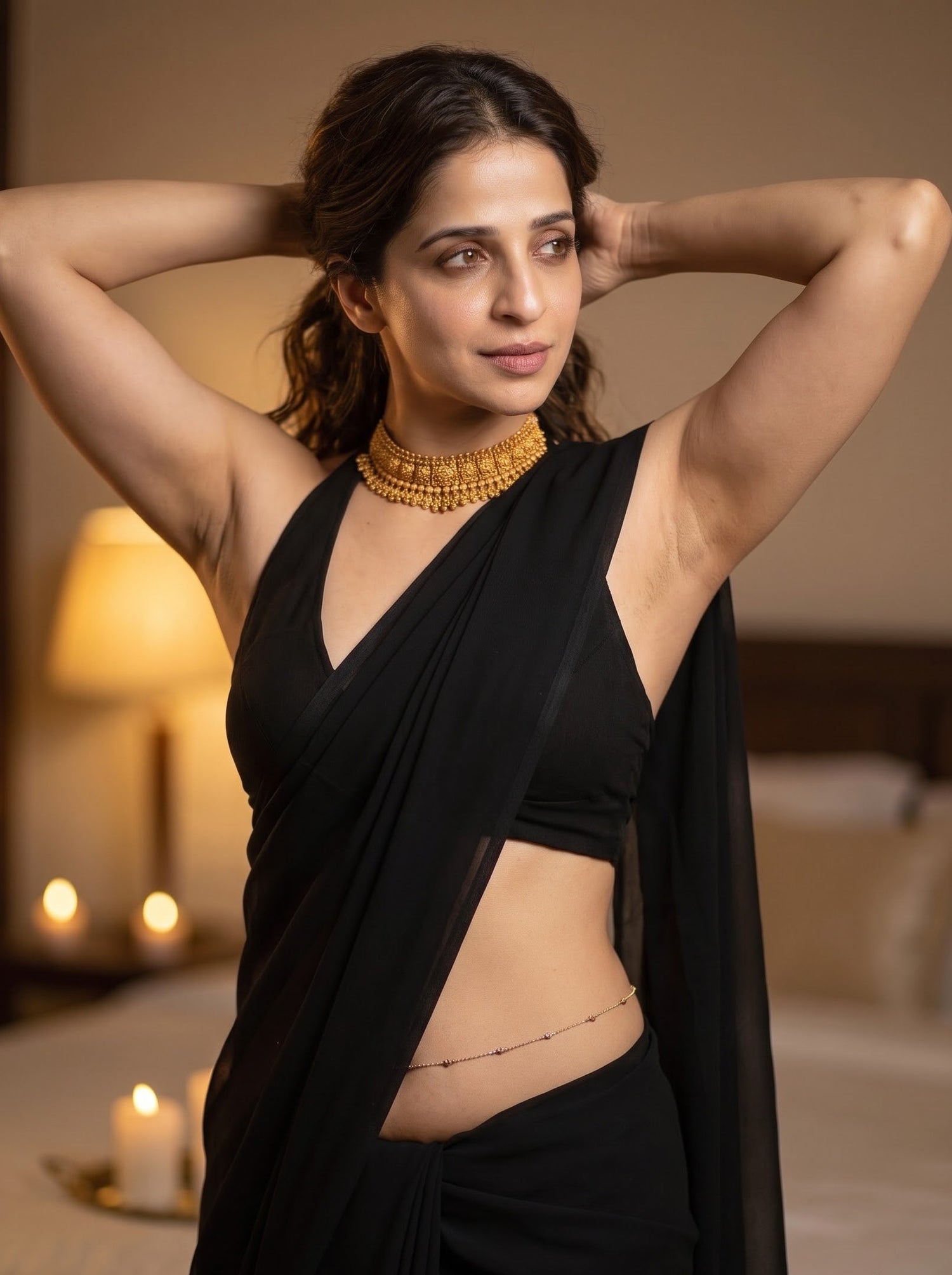 A woman posing in a black draped sari-style outfit with a matching black crop top, accessorized with a gold choker necklace and a thin waist chain, set against a softly lit bedroom background.