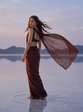 Back view of woman in Cocoa Mirage brown chiffon saree, pallu flowing in the wind on a mirror-flat salt lake at dusk