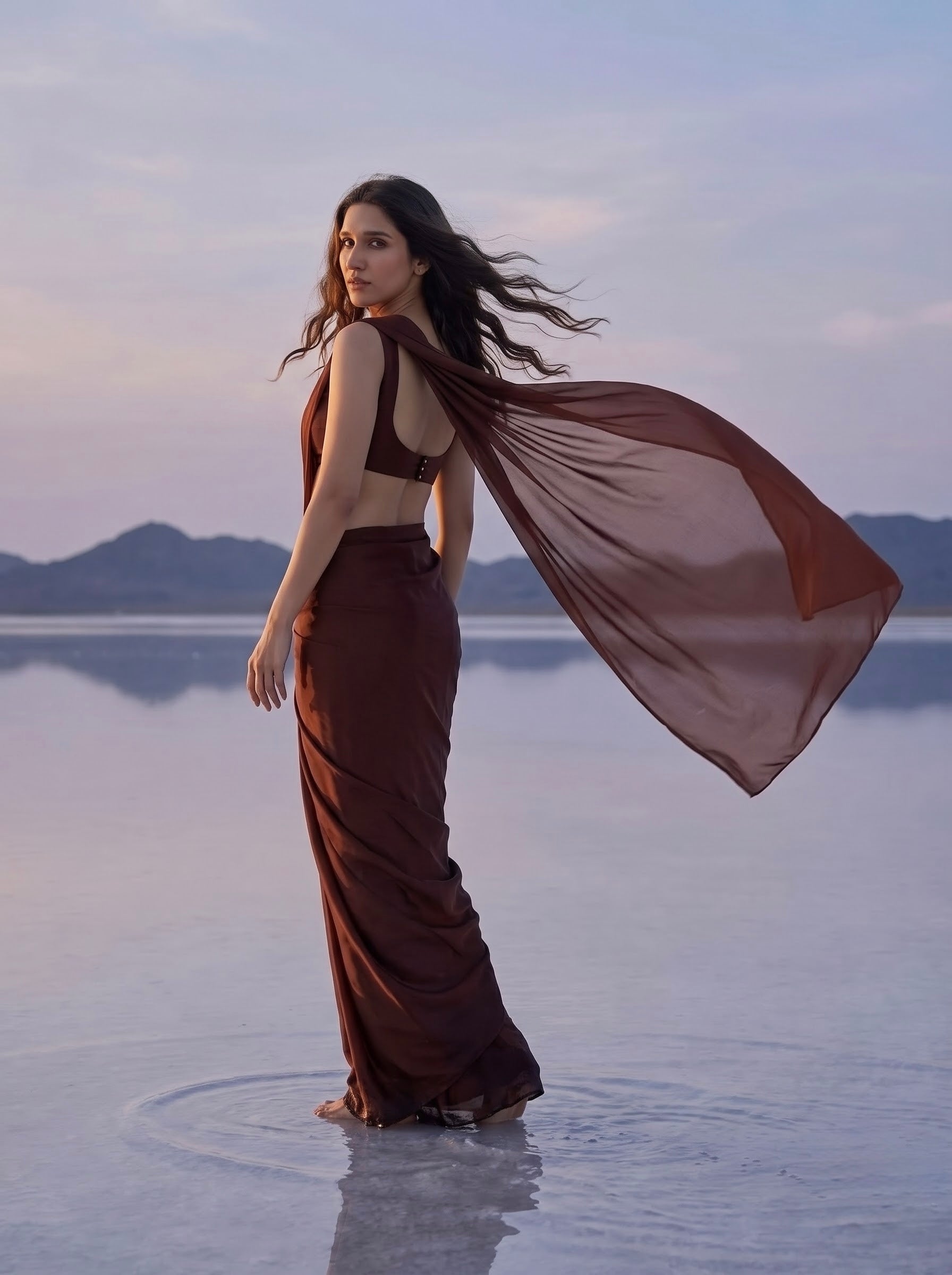 Back view of woman in Cocoa Mirage brown chiffon saree, pallu flowing in the wind on a mirror-flat salt lake at dusk