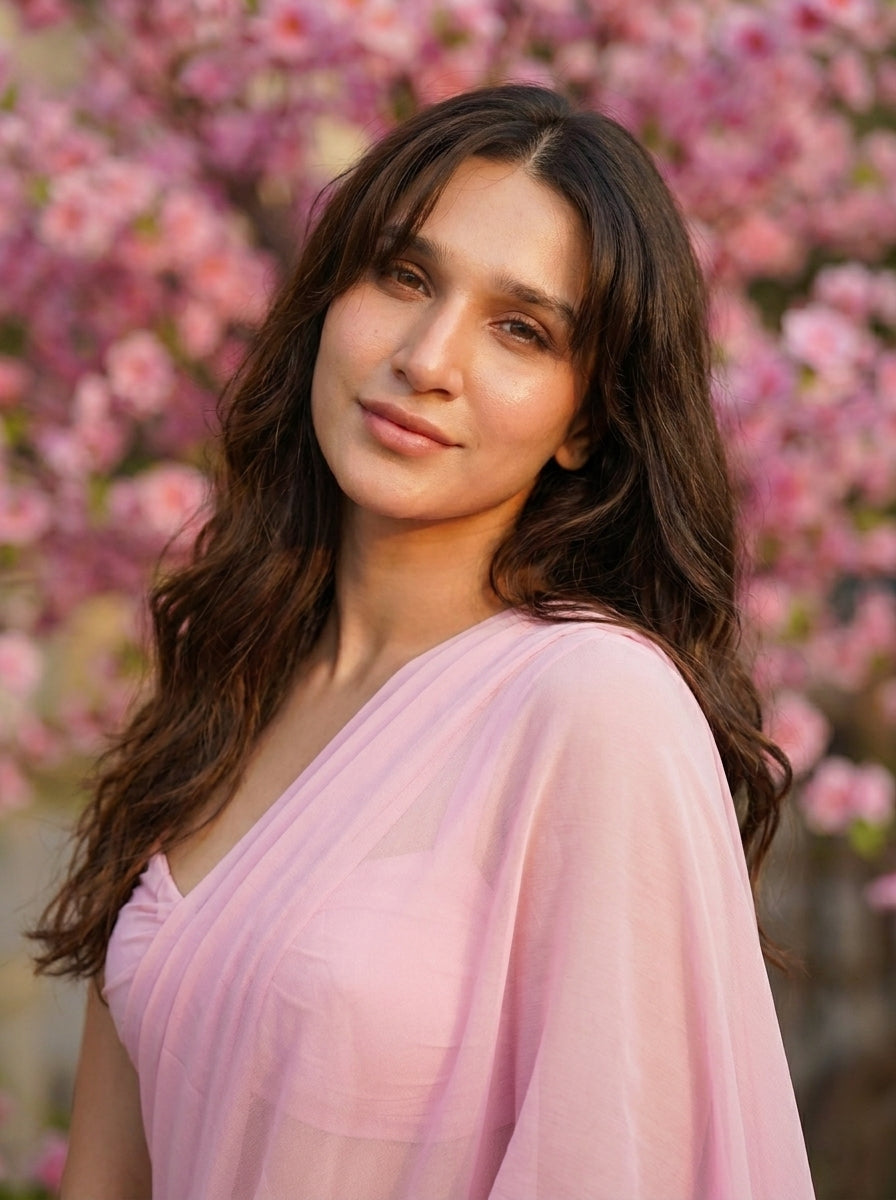 Woman in Cherry Bloom Chiffon Saree – baby pink sheer chiffon saree, front view