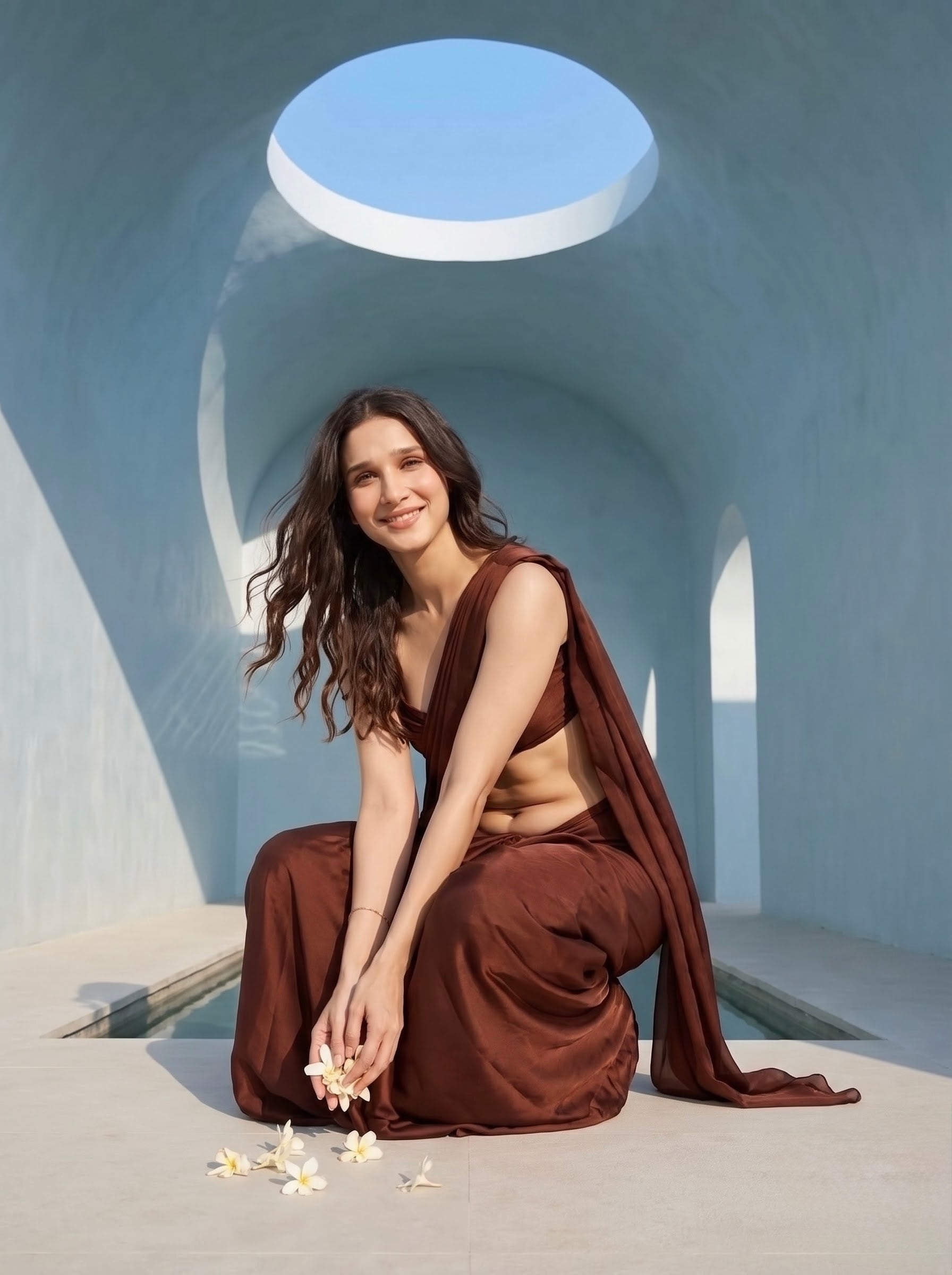 Woman crouching in Cocoa Mirage brown chiffon saree, gathering plumeria flowers under a domed archway with skylight