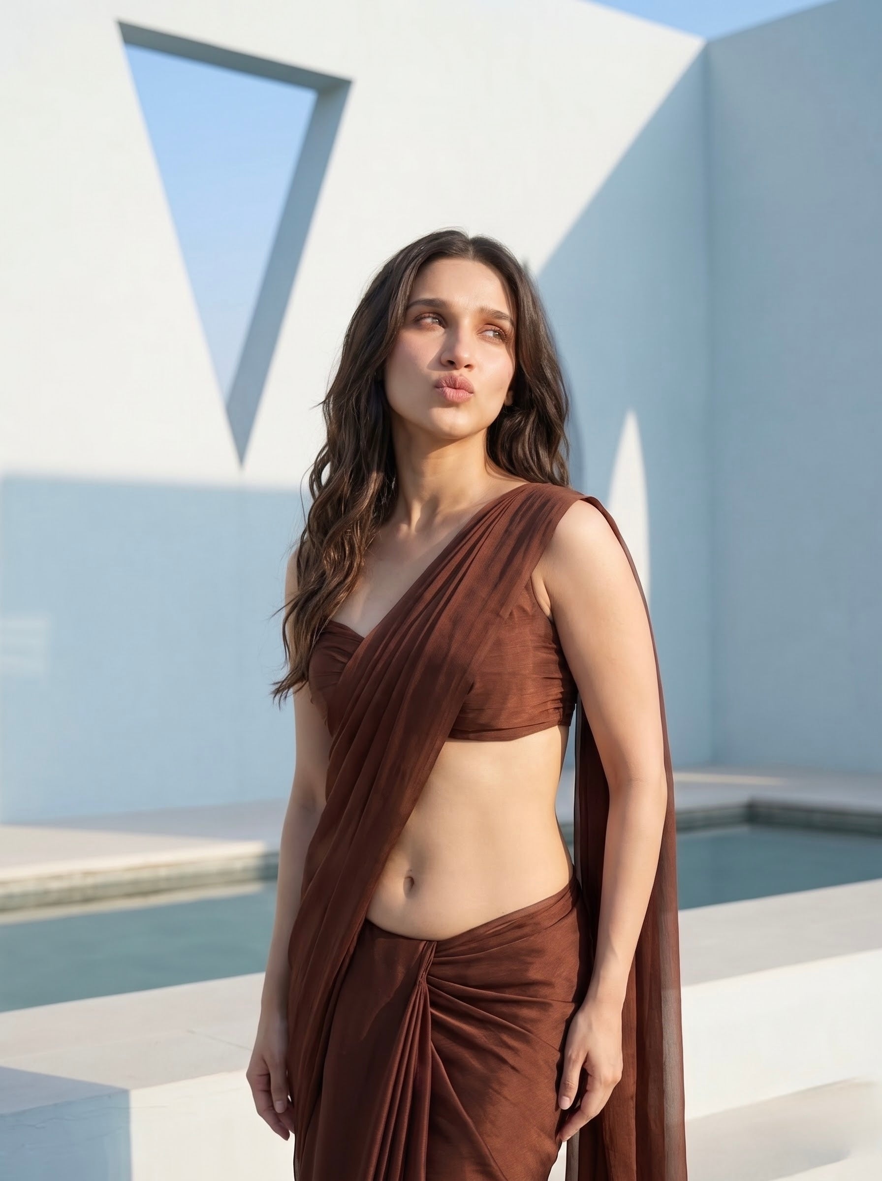 Close-up of woman in Cocoa Mirage brown chiffon saree, one-shoulder drape and sweetheart neckline