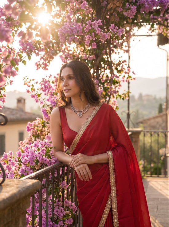 Scarlet Affair After Dark Saree — red saree with gold border on a flower-lined balcony
