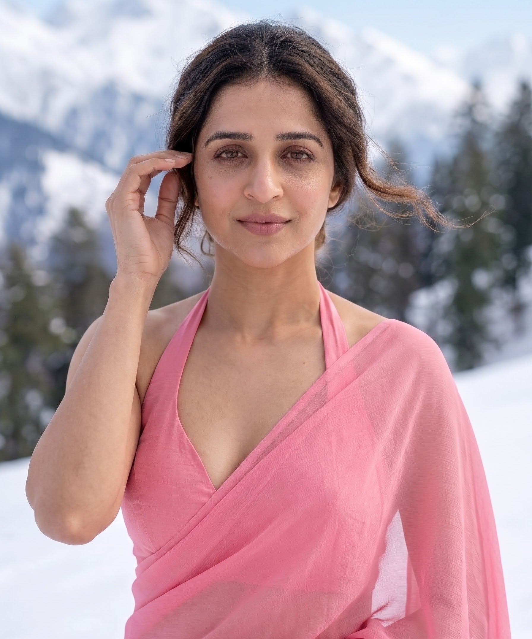 A woman wearing a pink draped halter-neck top or sari, standing outdoors in a snowy mountain landscape.