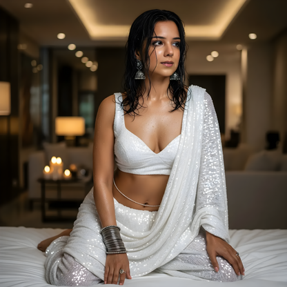 Woman in a white sequined outfit sitting on a bed in a dimly lit room.