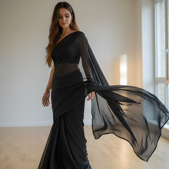 Whisper in Air saree full look – sheer black chiffon that lets light and shadow play across your silhouette
