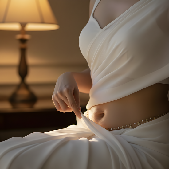 Mysterious Night white georgette saree full look – feather-light sheer drape for quiet evenings