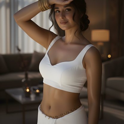 Woman in a white outfit standing in a softly lit room with a blurred background
