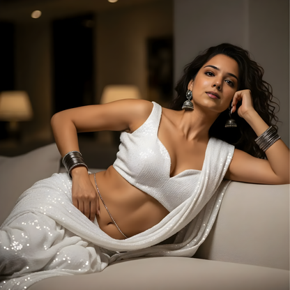 Woman in a white saree sitting on a couch in a dimly lit room.