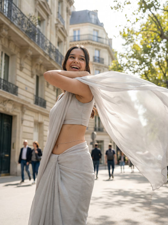 Haze Muse After Dark Saree with Belly Chain – romantic night editorial, feather-light chiffon